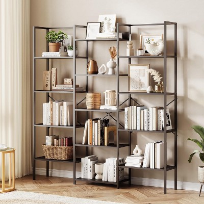 5-Tier Triple-Column Bookcase, 14 Adjustable Shelves, 100LB/Shelf, Steel Frame & Particle Board (Black/Brown)
