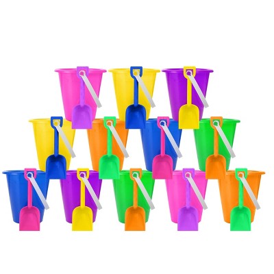 4E's Novelty 12 Pack Beach Buckets with Shovels, 7" Sand Buckets Bulk for Kids Outdoor Play