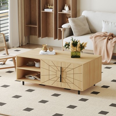 Spider Web Textured Modern MDF Coffee Table - Geometric Art and Practical Design in Natural Wood Tones, with dimensions of 43.3*23.6*17.8 inches.