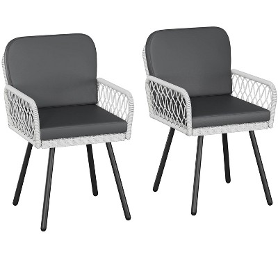Patio Dining Chairs with 5mm Rattan & Cushions, 2-Piece Outdoor Chairs Set, Stackable Wicker Chairs with Metal Frame for Garden
