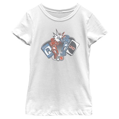 Girls Mattel Classic Blue Bomber and Red Rocker Robots T Shirt