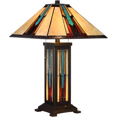 Robert Louis Tiffany Mission Table Lamp with Nightlight 25" High Bronze Stained Glass for Living Room Family Bedroom Bedside Nightstand
