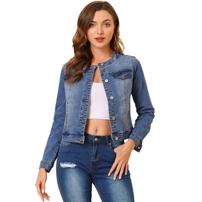 INSPIRE CHIC Women's Button Down Collarless Long Sleeve Jean Jackets