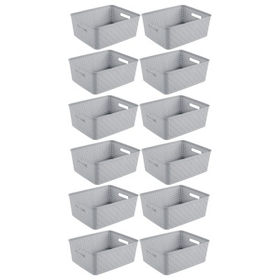 Sterilite 14'' x 11.5'' x 5'' Rectangular Weave Pattern Short Basket with Handles for Bathroom, Laundry Room, Pantry, & Closet, Cement (12 Pack)