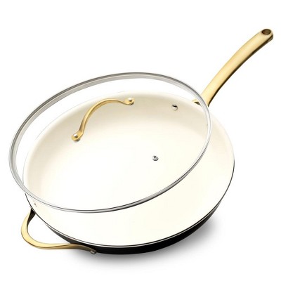NutriChef 14” Fry Pan With Lid - Extra Large Skillet Nonstick Frying Pan with Golden Titanium Coated Silicone Handle