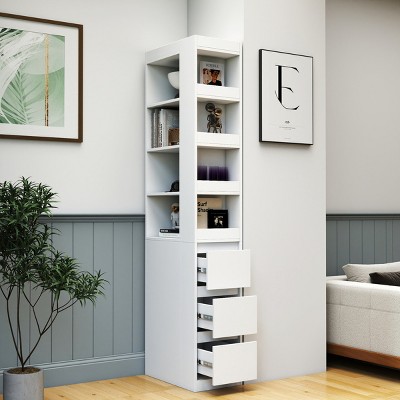Modern Tall Display Cabinet with Display Shelves and Side Drawers for Small Spaces in Living Room or Office-3irtyhousy
