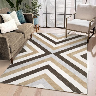 Washable Geometric Area Rug, Low Pile Stain Resistant Foldable Carpet for Bedroom, Dining Room, Office