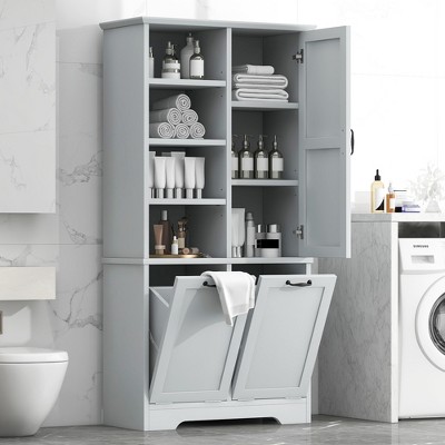TIRAMISUBEST Bathroom Storage Cabinet with 1 Door and Tilt-Out Laundry Hamper, Freestanding Bathroom Tall Cabinet with Adjustable Shelf