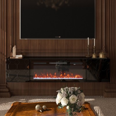 67" MDF Media TV Stand with Honeycomb Pattern, Gold Electroplated Triangle Handles, and Fireplace Compatible for Living Room