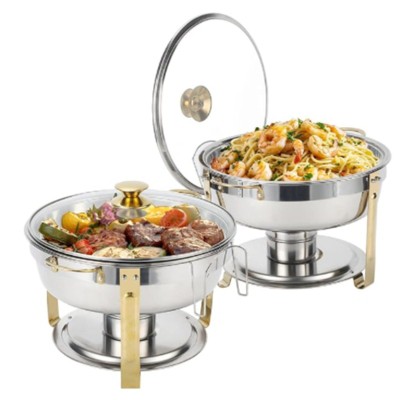 Warmounts 5QT Gold Accent Round Chafing Dish Buffet Set Food Warmer with Glass Lids & Holders