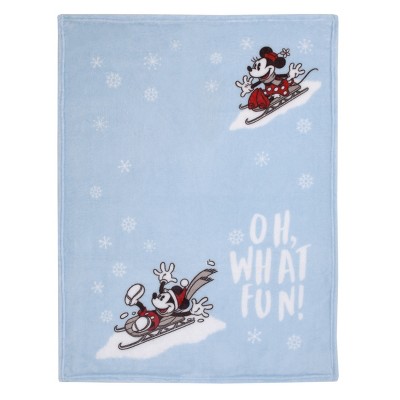 NoJo Disney Mickey and Minnie Mouse Blue, White and Red Winter Holiday "Oh, What Fun!" Snowflakes Photo Op Super Soft Baby Blanket