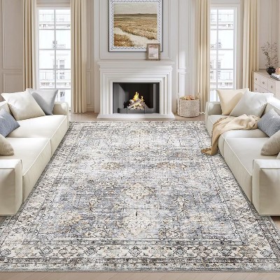 Washable Area Rugs for Living Room Bedroom Vintage Boho Distressed Rug Soft Low Pile Non-Slip Carpet