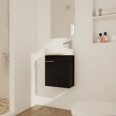 Lyngins Compact Wall-Mounted Bathroom Vanity with Sink, Floating Vanity with Round Single Ceramic Basin & Bottom Storage, Eco-Friendly Plywood
