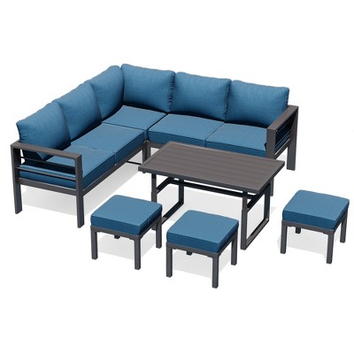 COWLOWN 7 Piece Blue Modern Metal Outdoor Furniture Sofa Set in Aluminum, Conversation Table and Chair Sets Perfect for Lawn, Backyard and Deck Areas