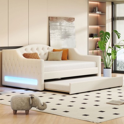 KTMBDW Upholstered Daybed with LED Lights and Trundle, Twin/Full Sofa Bed Frame with Wood Slat Support for Living Room, Bedroom and Guest Room