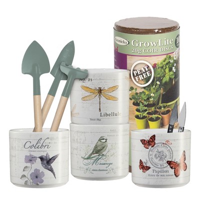 Vintage-Inspired Garden Starter Kit with 4 Decorative Pots & Tools – Butterfly, Bird & Nature Prints, 3.1" Dia.