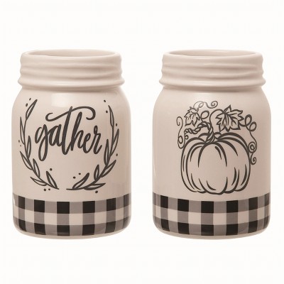 Transpac Dolomite 11 in White Autumn Buffalo Check Jar Set of 2 for Fall and Thanksgiving Decorative Ceramic Jars