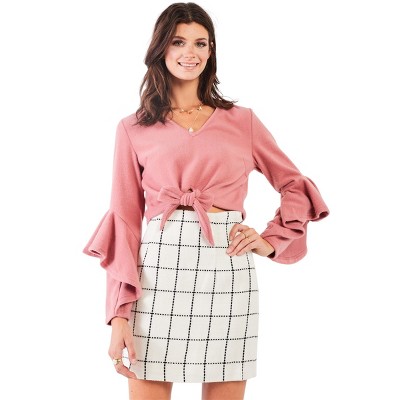 Slickblue Cozy Fuzzy Texture, Self-Tie Front, Long Sleeve Cropped Top, Casual Style, Blush, S