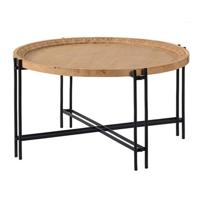 Dexmallle Farmhouse Round Wooden Round Coffee Table with Metal Legs