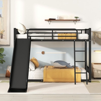 CAVINAS Twin over Twin Bunk Bed Metal Bed Frame with Slides, Guardrail and Inclined Ladder for Bedroom