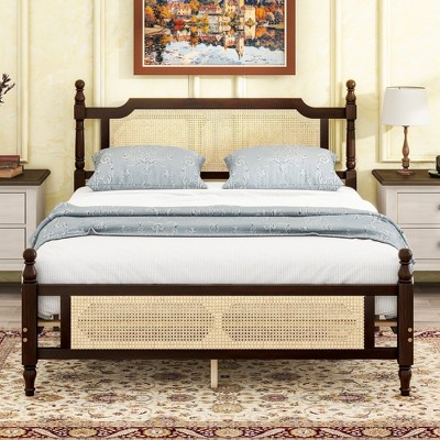 Angel Sar Queen Pine Wood Bed Frame with Rattan Headboard & Footboard, Espresso Finish, Underbed Storage, Central Support