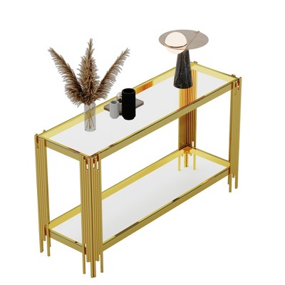 Dexmalle Top and Bottom Double Layer Tempered Glass Console Table and Mirror Finished Stainless Steel Frame