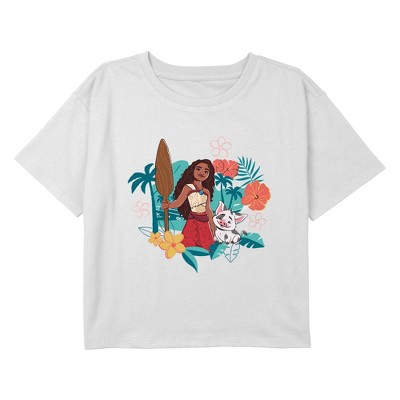 Girl's Moana 2 Pua and Moana Floral Portrait Graphic Graphic Cropped T-Shirt