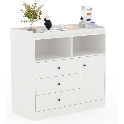 Changing Table with Drawers, Diaper Changing Station with Cabinet and 2 Open Compartments, Multi-Functional Baby Dresser for Nursery, Bedroom, White