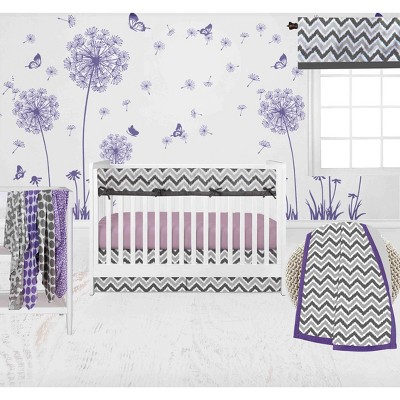 Bacati - Ikat Dots Leopard  Purple Grey Girls 10 pc Crib Set with Long Rail Guard Cover & 4 Muslin Swaddling Blankets