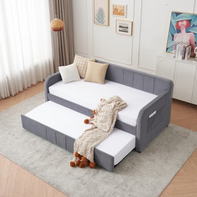 KTMBDW Daybed with Trundle, Twin Size Pull-Point Sofa Bed Frame with Trundle and Storage Pockets, Upholstered Daybed for Bedroom, Living Room