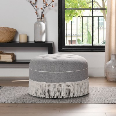 Kumasinova 24" Modern Polyester Accent Ottoman with Tassel Rope Bullion Fringe,Vintage Footrest Ottoman Stool for Living Room&Bedroom,Gray