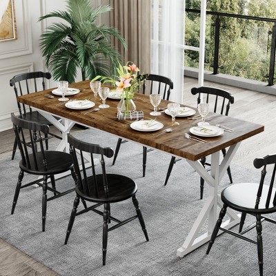 Dyonery Farmhouse Dining Table for 6 People, 70.8 Inch Rectangular Wood Dining Table with Extra Heavy Duty Metal Legs
