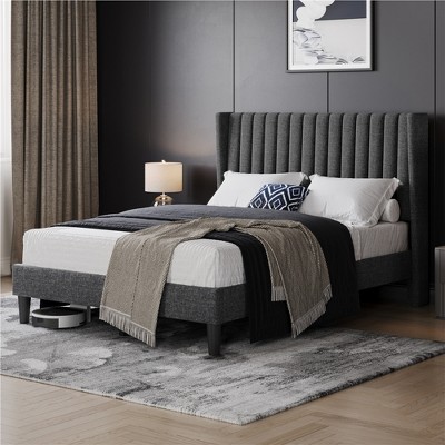 Yaheetech Fabric Upholstered Bed Frame with Wing Side & Wood Slat Support