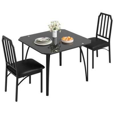 Black Glass Dining Table Set, Kitchen Table Chairs Set Comfortable PU Cushion