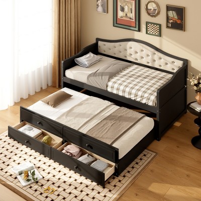 TIRAMISUBEST Twin Size Daybed with Trundle and 2 Storage Drawers, Wooden Sofa Bed with Upholstered Button Tufted Backrest for Living Room