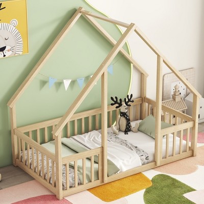 Whisen Twin House Floor Bed with Fence & Guardrails