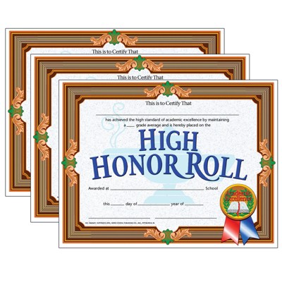 Hayes Publishing High Honor Roll Certificate, 8.5" x 11", 30 Per Pack, 3 Packs