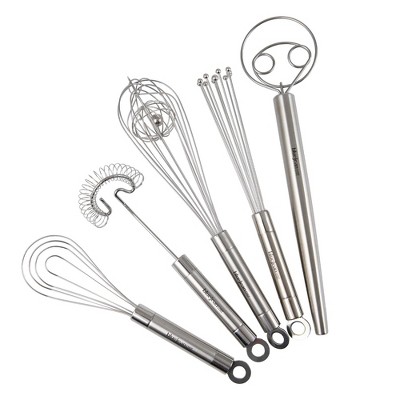 Blue Jean Chef 5-Piece Stainless-Steel Whisk Set, 5 Different Whisks: Cage Whisk, Ball Whisk, Roux Whisk, Sauce Whisk, Danish Dough Whisk