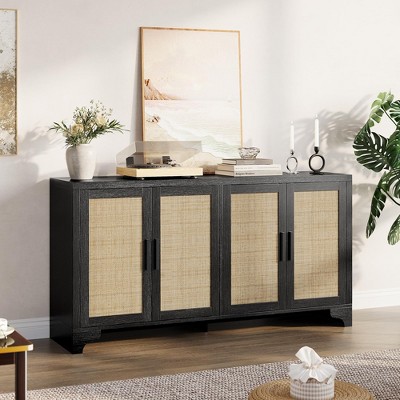 62 Inch Rattan Sideboard Buffet Cabinet, 4-Door Kitchen Storage Cabinet with Shelves