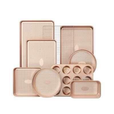 Itopfox 9-Piece Nonstick Baking Pans Set with Diamond Texture, Includes Cookie Sheet, Cake Pan, Roasting Pan, Muffin Tin, Gold