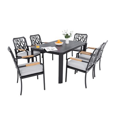 TiramisuBest 7-Piece Aluminum Patio Set - Table & 6 Chairs,Cushions, Branch-Inspired Backrest, Umbrella Hole, Weather-Resistant (Bourbon Brown)