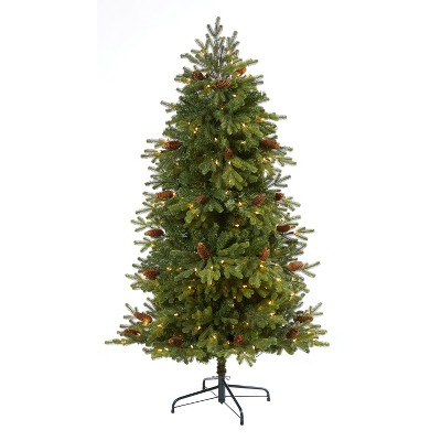 5.5ft. Fir Artificial Christmas Tree with 250 Clear Lights, Pine Cones & 800 Branches – Natural Holiday X-Mas Glow