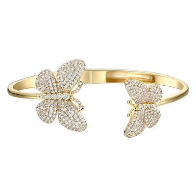 Guili 14K Gold Plated Cubic Zirconia French Pave Butterfly Open Cuff Bangle Bracelet - Sparkling Jewelry with a Butterfly Design for Special Occasions