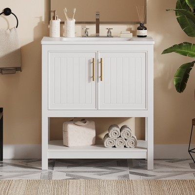 Gulches 30-Inch White Bathroom Vanity, Ceramic Sink with Gold Handles, Compact Storage Solution for Small Bathrooms