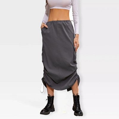 Womens Cargo Skirts Side Ruched Drawstring Skirts with Side Pockets Slit Skirts Long Cargo Skirts