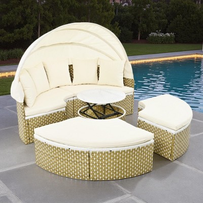 4-Pieces Outdoor Patio Rattan Round Daybed Sunbed with Retractable Canopy and Table