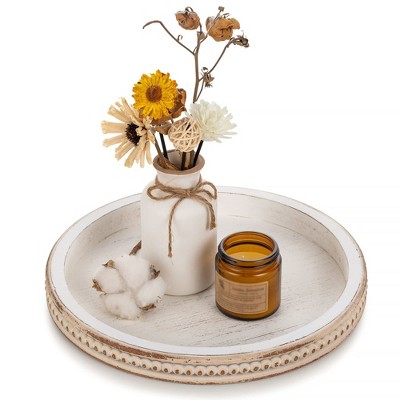 Aoibox Decorative Serving Tray: White Washed Bead Round Coffee Table Tray, Rustic Wooden Farmhouse Centerpiece for Living Room Kitchen Counter