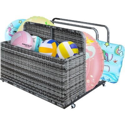 Poolside Float Storage Organizer, Outdoor Rattan Caddy with Wheels & Basket Organizer