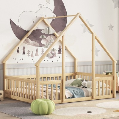 JUJABU Full Wood House-Shaped Floor Bed with Fence, Guardrails