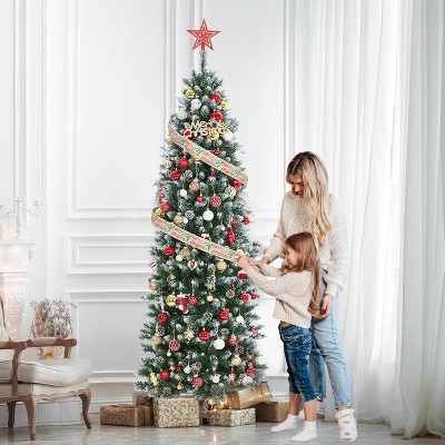 6ft/7.5ft/9ft/12ft Pre-Lit Pencil Christmas Tree with Dual-Color Lights, Slim Artificial Indoor Outdoor Xmas Tree for Home & Apartment